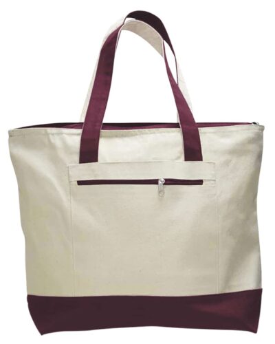 Heavy Large Canvas Tote Bag With Zipper and Color Handles