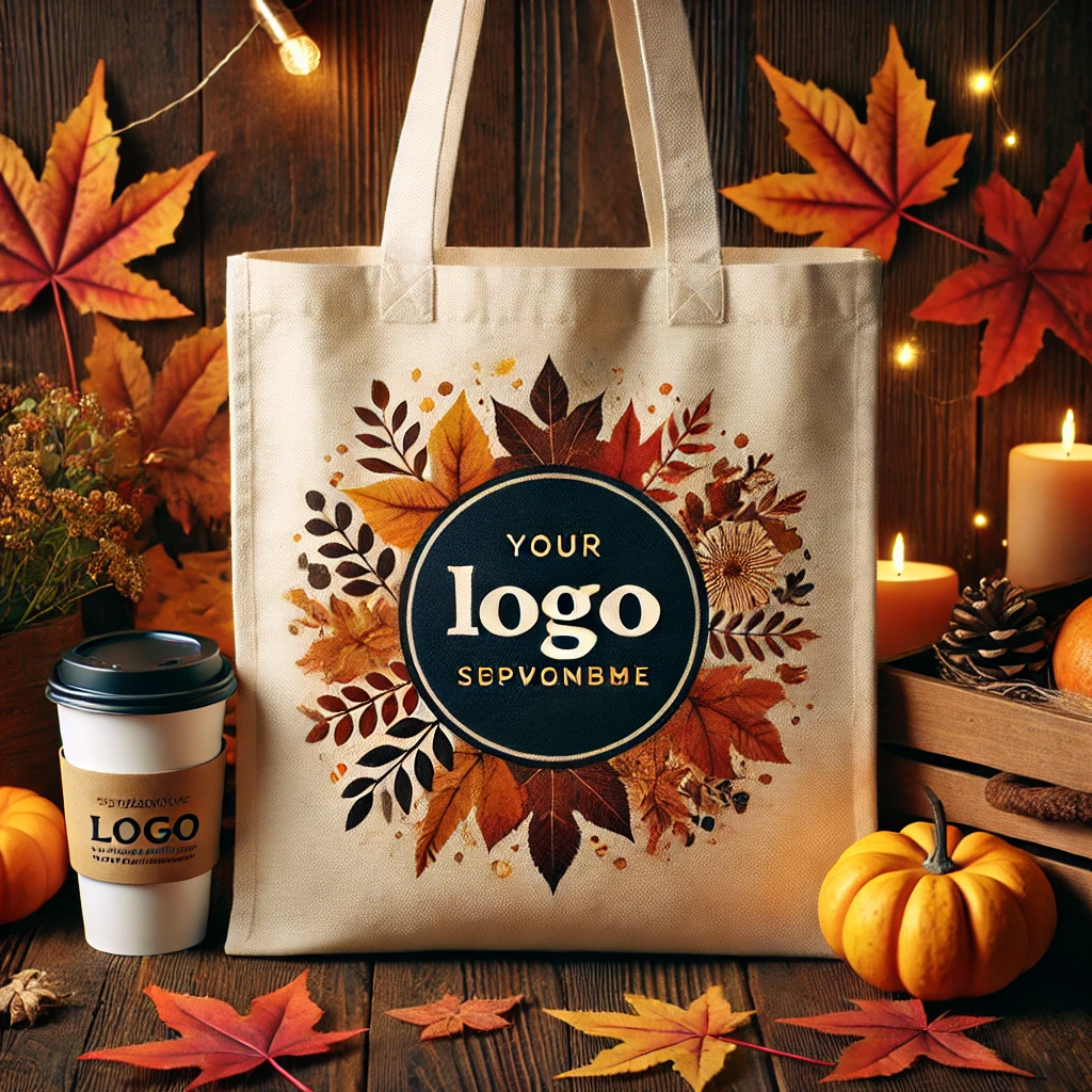 DALL·E 2024 10 29 17.47.09 A promotional tote bag surrounded by vibrant fall leaves in shades of orange yellow red and brown. The tote bag features a custom logo design symb