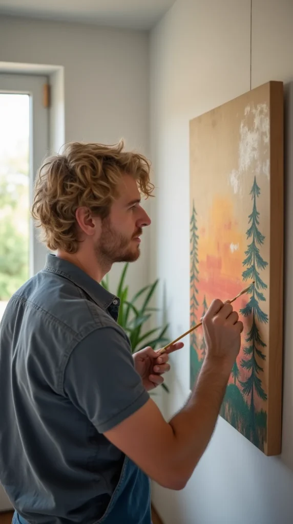 a american blond guy painting on a canvas fabric wall art to put on his wall diy qtees