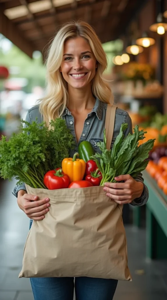 a american blond woman carrying a canvas produce bag with alot of vegetables in it in market