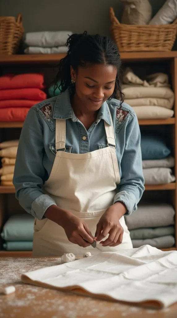 a black man cutting cotton canvas fabric making diy tote bags her self and in background there colored fabric
