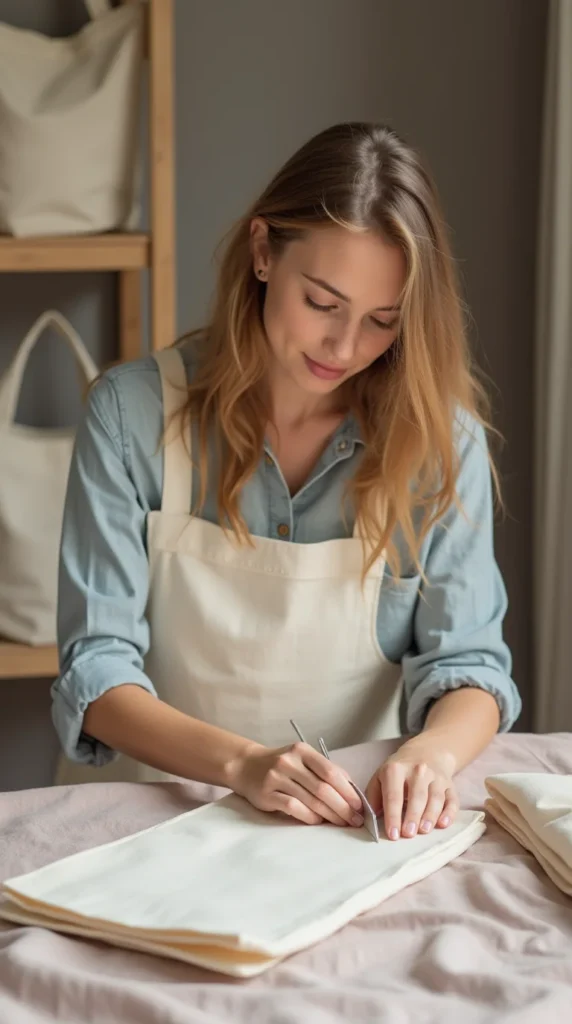 a girl cutting cotton canvas fabric making diy tote bags her self and in background there are more bags