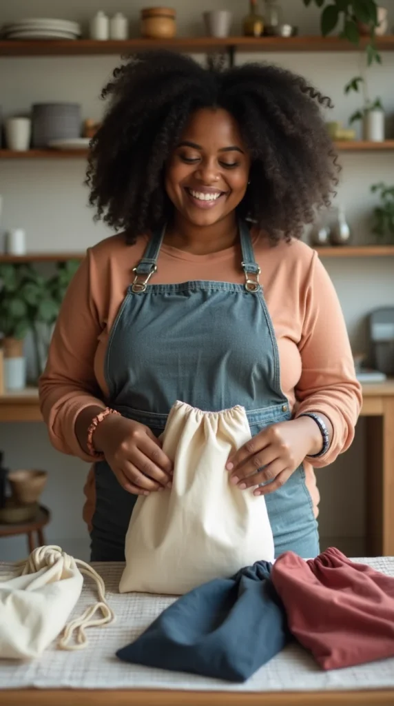 a healthy plus size african american woman making a drawstring backpack made from cotton canvas fab 4xqiicmnuhnmvntc0gfw 1