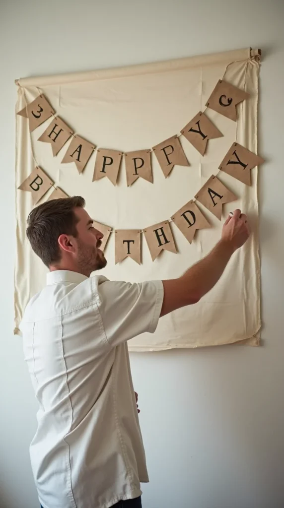 a man adding decorative banner of happy birthday on the wall made from cotton canvas fabric