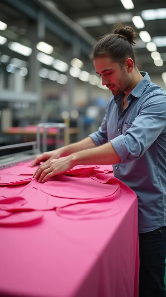 a man cutting non woven fabric into tote bag shapes hot pink color in a factory uealq3he9rnqbupv8fco 1