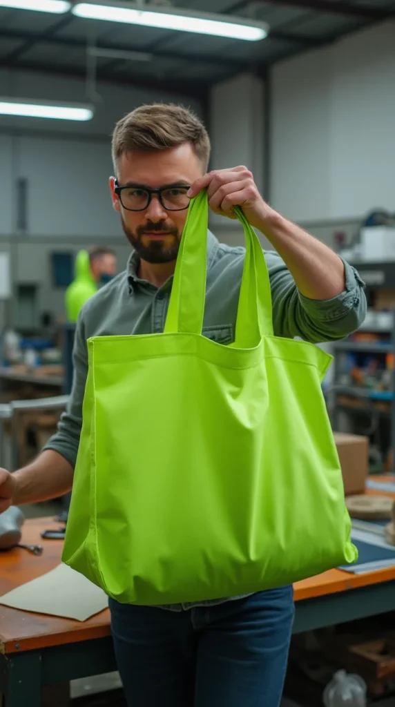 a man in a factory making non woven tote bags lime green colored q2465d4vgixdr56td1cr 3