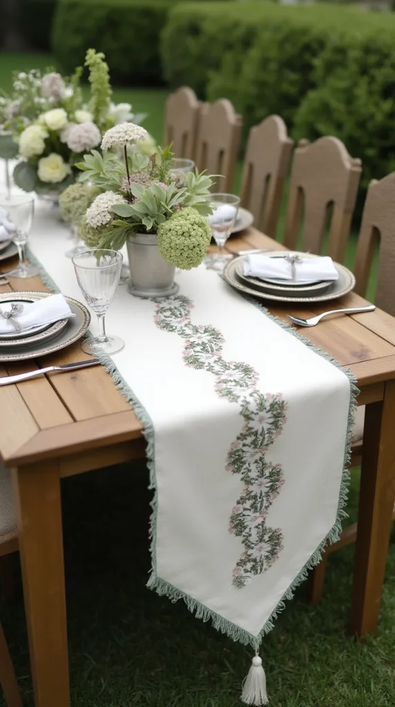 outdoor dining table in the lawn and customized table runners with custom embroidery on it