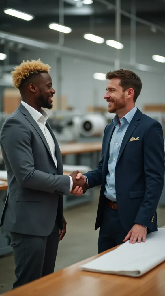2 american men 1 with blond hair 1 with black skin shaking hands in a textile factory with corporat 62ulq92nacrgu2tk0yi7 0