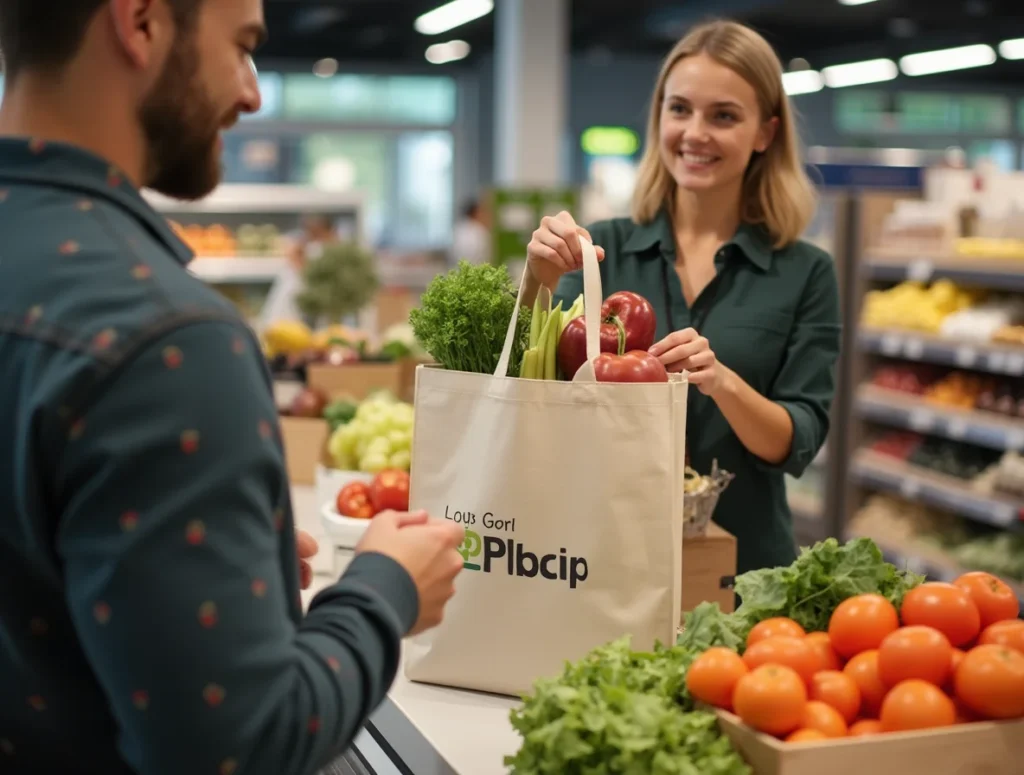 a supermarket employees adding groceries to a nonwoven bag tote bag with logo on it on the counter a28qep5i244kck3c9lne 3