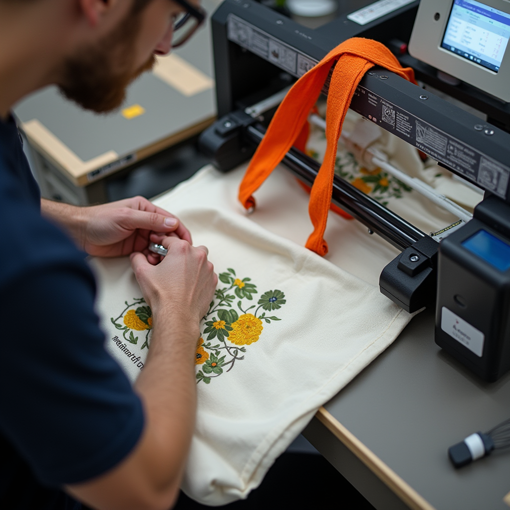man doing direct to garment printing on a cotton canvas tote bag with orange colored handles on a d 8sb2rllo99jwggs116bd 1