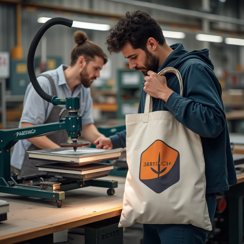 man using heat press machine to print a logo on a canvas fabric tote bag in a factory 9y5w0rkn2dglvbumjg1y 2