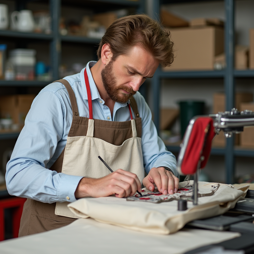 man with light brown hairs doing embroidery on a cotton canvas tote bag with red handles in factory 46aer3oon2v2ed5l9al4 0