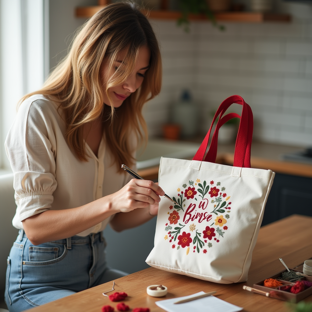 woman with light brown hairs doing embroidery on a cotton canvas tote bag with red handles in her h c0dykarruplkionrhuai 3