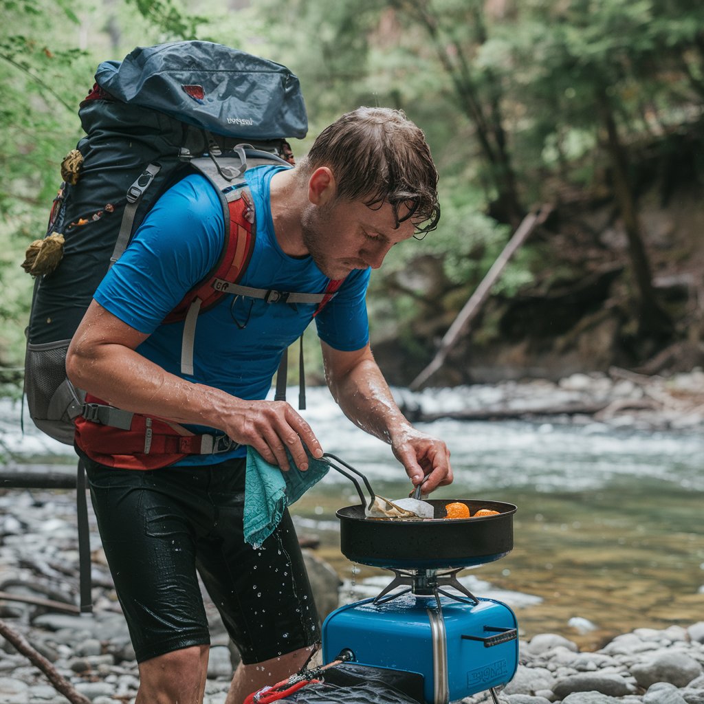 a photo of a traveler in a forest near