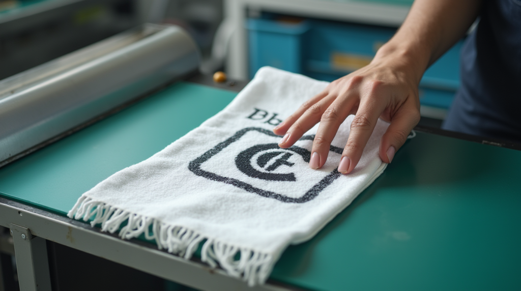 a man heat transferring printing logo on a finger tip hand towel with small fringes at the ends in 32fkbncj3iq6c9knep1n 1