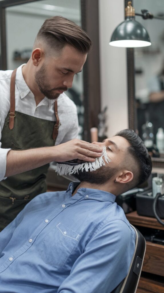 barber using hand towel to wipe customers face