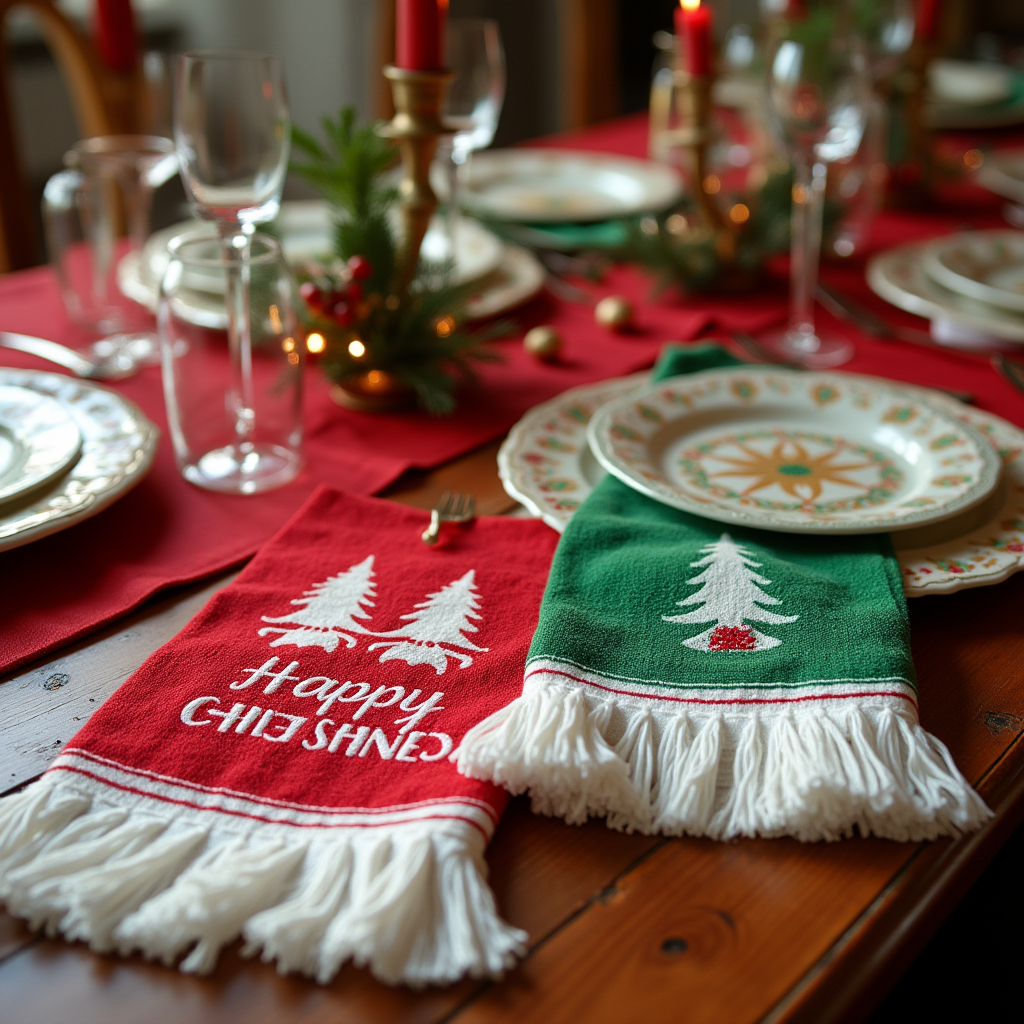 christmas themed red green and white fingertip towels with fringes on the christmas dinner table wi qvaoriajhphhqecafbq4 0