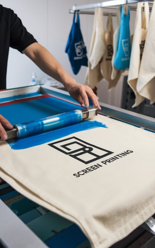 From Screen to Stitch: Choosing the Best Decoration Method for Tote Bags & Aprons 4 a photo of a screen printing process a w MWJxMrP4SwGZVDqUhGiI7w J6 WSuYgRee3HojDwh2CPA