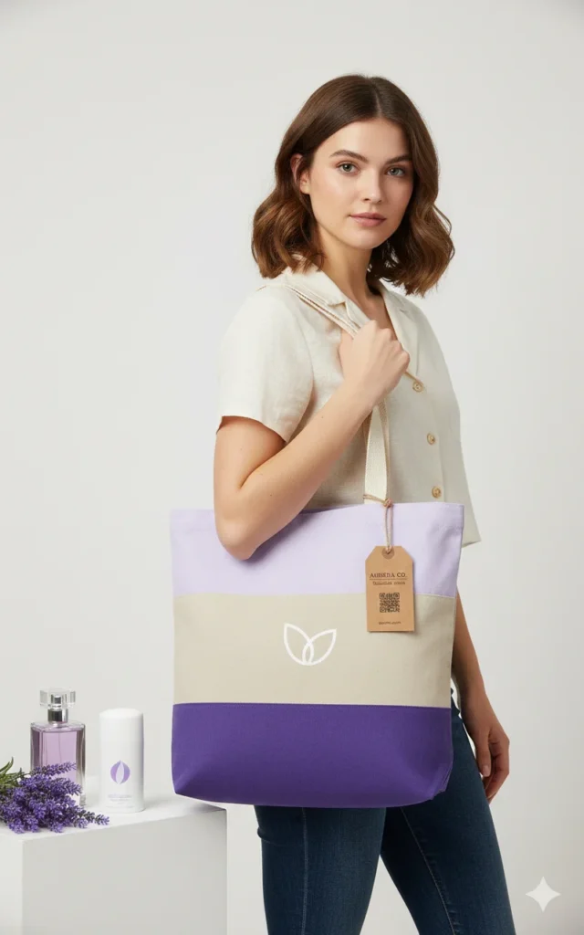 Product Spotlight Q-Tees Heavy Canvas Tri-Color Promotional Tote Bag (Q125900) 19 Q125900 model
