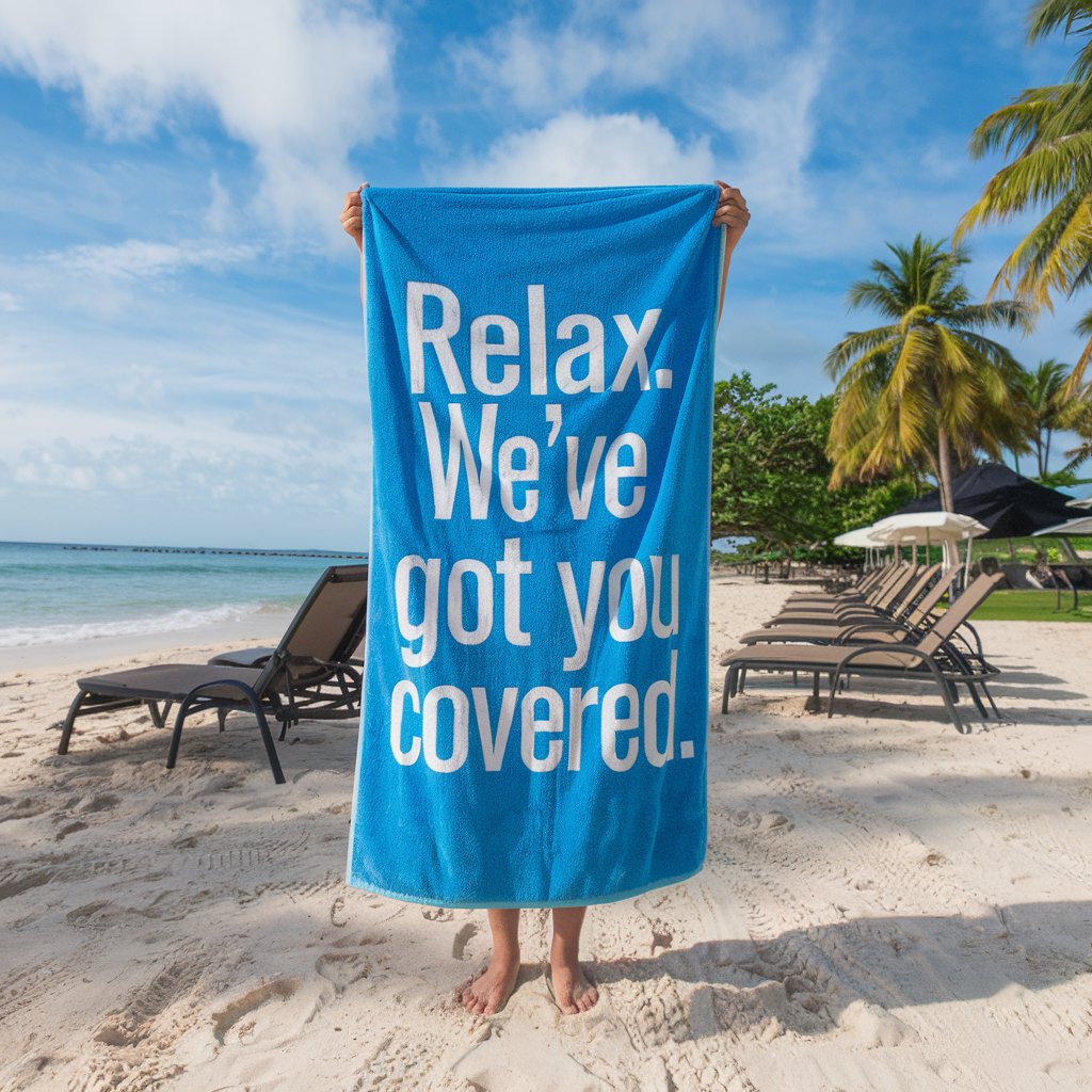 Product Spotlight Velour Beach Towel QV3060 5 a beach setting with a person standing o rlrzQxk1RvuJiWj9BXSAsg R8zesM9STl zTw 4yWCPRA sd